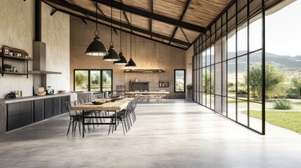 Poster - Modern dining room with rustic elements and large windows overlooking a grassy field.