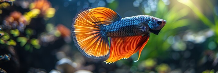 A vibrant orange and blue betta fish swims in a planted aquarium tank