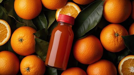 A vibrant image of a fresh orange juice bottle surrounded by whole oranges with green leaves, featuring a high contrast between the rich orange color and the dark background.