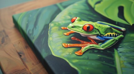 Poster - Close-up of a green tree frog with red eyes on a green leaf canvas painting.