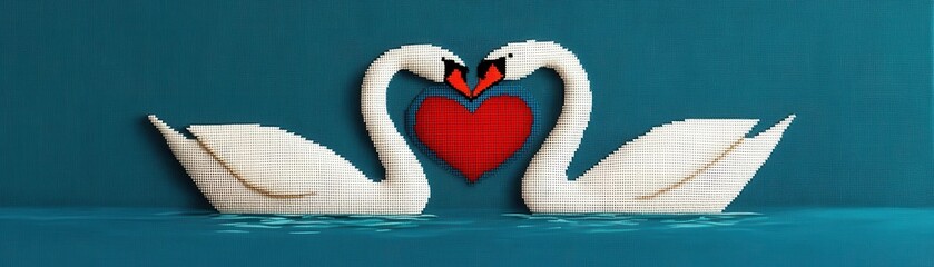 Cross-stitch of two swans forming a heart with their necks, floating on a calm lake, symbolizing loyalty and deep love, cross-stitch couple bird, swan love