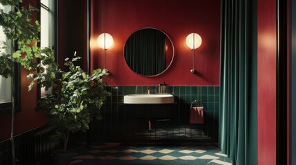 Wall Mural - Modern bathroom interior with red wall, green tiles, and a round mirror.