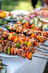 Wall Mural - Colorful and tasty grilled kebabs at a summer barbecue outdoors. Garden party idea.