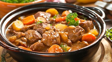 Poster - Close-up of a hearty beef stew with carrots and potatoes in a brown pot.