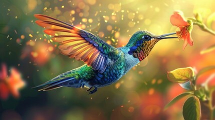 Wall Mural - A vibrant hummingbird feeding on blossoms in a sunlit garden setting filled with colorful flowers during a warm afternoon in late spring