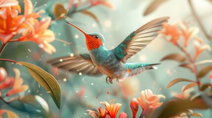 Wall Mural - A vibrant hummingbird feeding on blossoms in a sunlit garden setting filled with colorful flowers during a warm afternoon in late spring