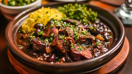 Poster - Close-up of a hearty stew with meat, beans, and rice served in a brown bowl.