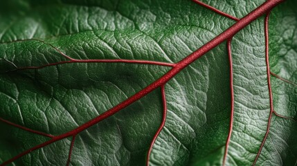 Intricate close-up view of a green leaf with red veins, highlighting its natural texture and structure. Captures the beauty and complexity of plant life.