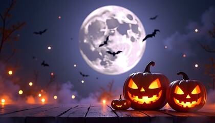 Halloween background with pumpkin on a wooden table , bats and moon