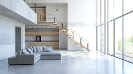 Sticker - Modern living room interior with grey sectional sofa, wooden stairs and large windows.