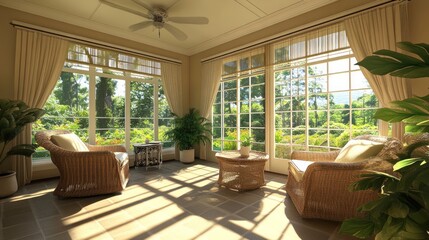 Two wicker chairs face each other in a sunlit room with large windows, overlooking a lush green garden.