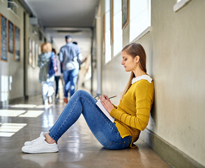 Poster - University, girl and studying on floor in hallway for academy, learning and preparing for test. Student, campus and female person with book in corridor for education, knowledge and writing exam notes