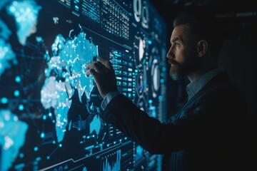 Wall Mural - Businessman analyzing network data on digital screen