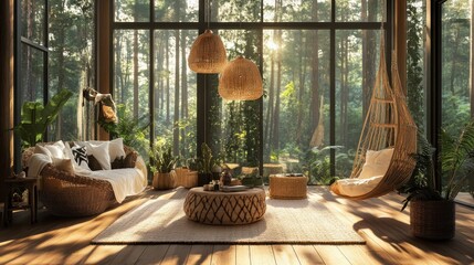 Poster - Cozy living room with wicker furniture and large windows overlooking a forest.