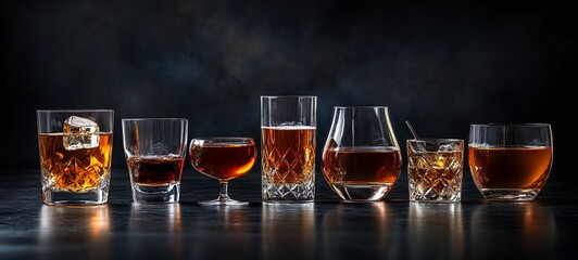 A set of strong alcoholic drinks in glasses and assorted glasses: vodka, rum, cognac, tequila, brandy and whiskey. Dark vintage background, selective focus. 