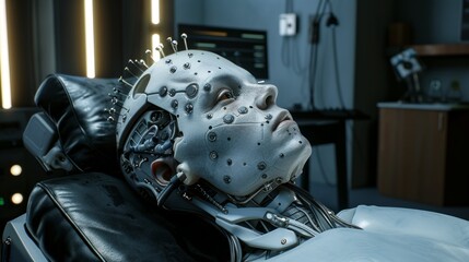 Canvas Print - Close-up of a robotic head with exposed circuitry lying on a medical examination table.