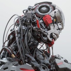 Poster - Close-up of a robotic head with intricate wiring and exposed mechanics.