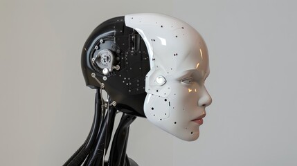 Canvas Print - Close-up of a robotic head, half mechanical and half human, against a grey background.