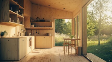 Canvas Print - Wooden kitchen interior with large windows overlooking a grassy field.