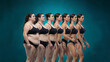 ©  Himadness - A progression of a woman’s body transformation from overweight to fit, depicted in a series of side-by-side stages, illustrating weight loss and fitness journey.