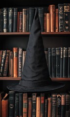 A classic black wizard hat with a pointed tip