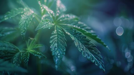 mystical cannabis leaf macro iridescent trichomes deep green hues ethereal lighting dreamy bokeh background