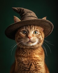 Wall Mural - A ginger cat with playful eyes, wearing a wide-brimmed witch's hat