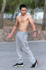 Asian handsome man big muscle workout outdoor,Sport concept