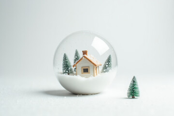 Wall Mural - Christmas snowball with trees and house. Happy New Year and Merry Christmas banner. Glass snow globe design with copy space. Festive Christmas object