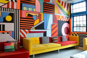 Contemporary pop art 3D wall art installation with bold colors and graphic elements