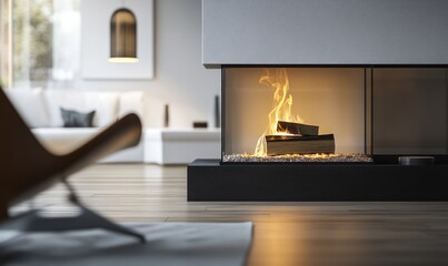 Wall Mural - A single log burning in a modern indoor fireplace