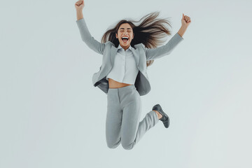 Bottom view of a cheerful Indian businesswoman jumping in the air, expressing joy and success in a formal suit. The image captures a moment of happiness and professional achievement.