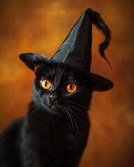 Wall Mural - A sleek black cat with glowing amber eyes, wearing a tall witch's hat