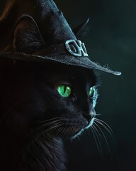 Wall Mural - A sleek black cat with glowing green eyes, wearing a slightly tattered witch's hat