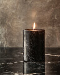 Wall Mural - A thick black candle glowing steadily, sitting on a polished marble table