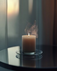 A white candle burning softly, sitting in a ceramic holder on a polished marble table