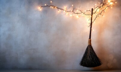 Wall Mural - A witch's broom covered in twinkling fairy lights, placed against a white plaster wall