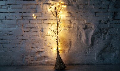 Wall Mural - A witch's broom wrapped with golden twinkling lights