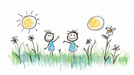 Simple children's drawing showing two happy kids standing in a grassy field under a sunny sky, surrounded by flowers.