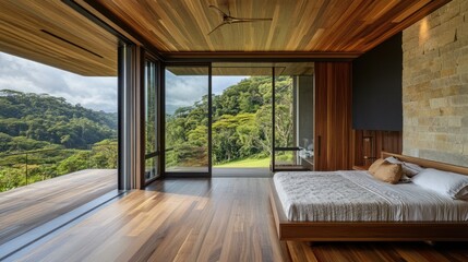 Wall Mural - Modern bedroom with large windows overlooking a lush green forest.