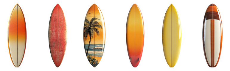 Collection of surfboards in different designs isolated on transparent background