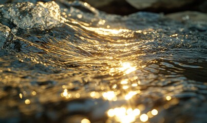 Close-up of a flowing river, sunlight reflecting on the water