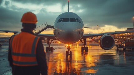 Personnel are preparing the aircraft for departure in overcast conditions at the airport