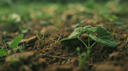 Wall Mural - Close-up of a young plant with large leaves growing in soil.