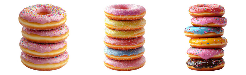 Stacked donuts with colorful frosting isolated on transparent background