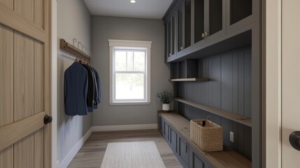 A grey mudroom with built in bench, cabinets, and shelves. There are two jackets hanging on hooks and a wicker basket on the bench.