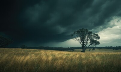 Wall Mural - Dark clouds looming over a wide open field