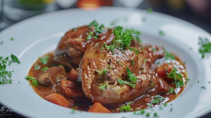 Wall Mural - Closeup of chicken stew with vegetables and parsley in a white bowl.