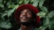 © JoxyAimages - A bearded man wearing a red hat, looking up amidst lush green leaves in a natural setting, radiating curiosity and contemplation in a tranquil environment.