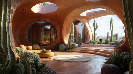 Canvas Print - Modern desert home interior with cacti and large windows.